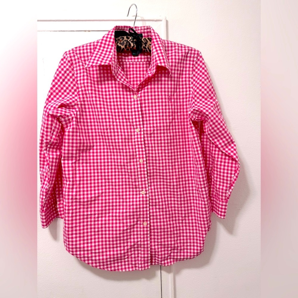 Ralph Lauren Slim Fit Gingham Pink Poplin Shirt Sz medium 🩷